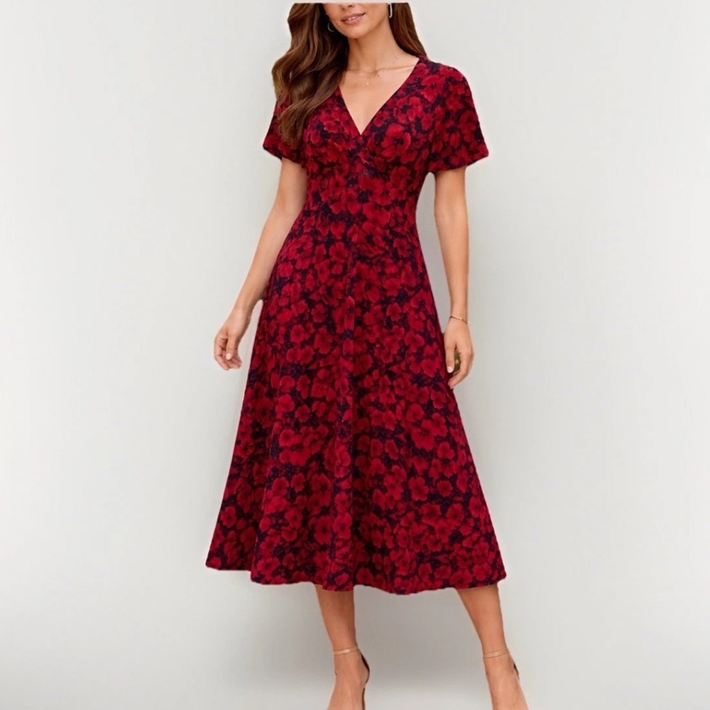 Chaps Dress Dark Floral Red Flutter Sleeve Midi Office Fit Flare Surplice S - Picture 1 of 14